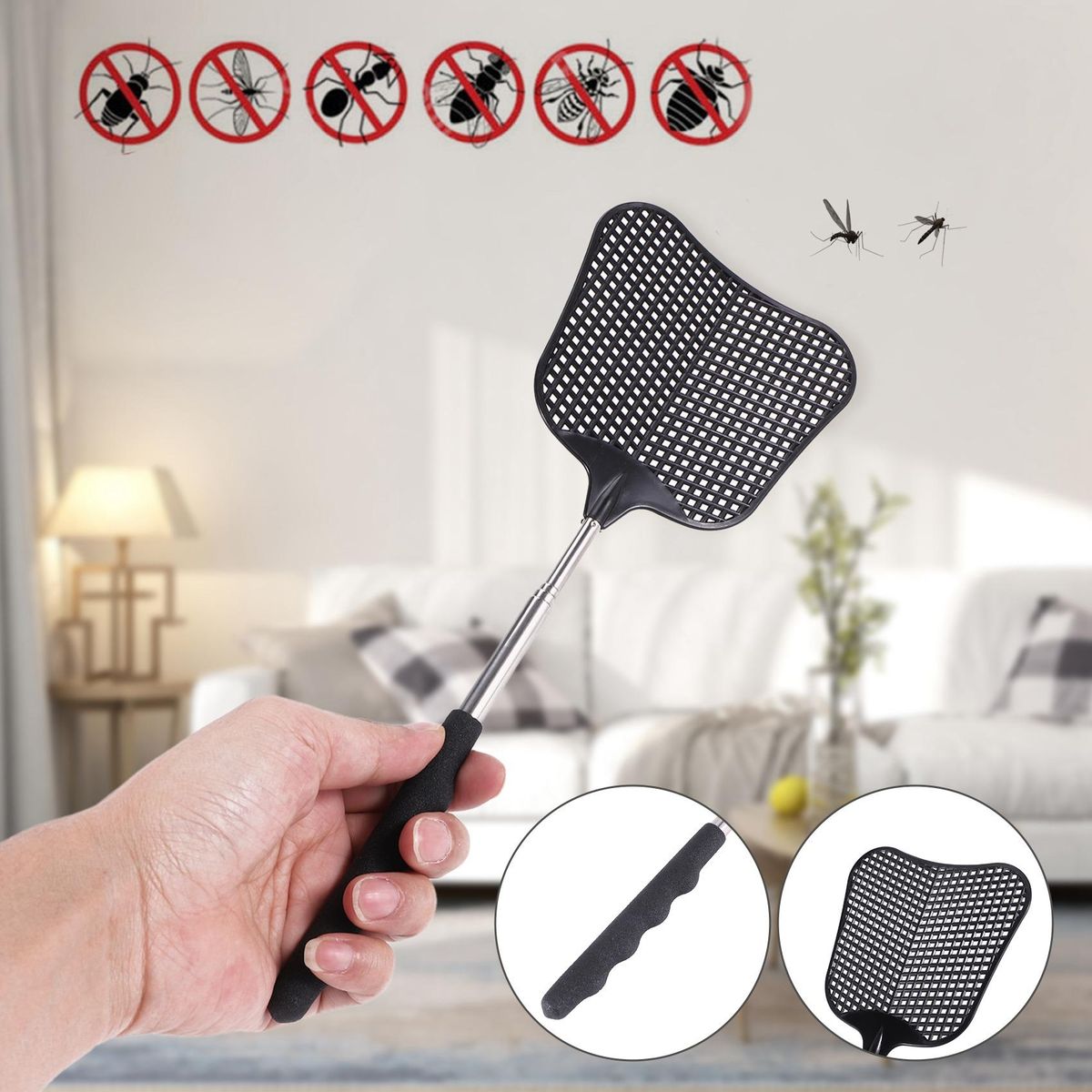 and Fly Killing Plastic Fly Swatter Retractable Stainless Steel Rod Suitable for Indoor and Outdoor Use