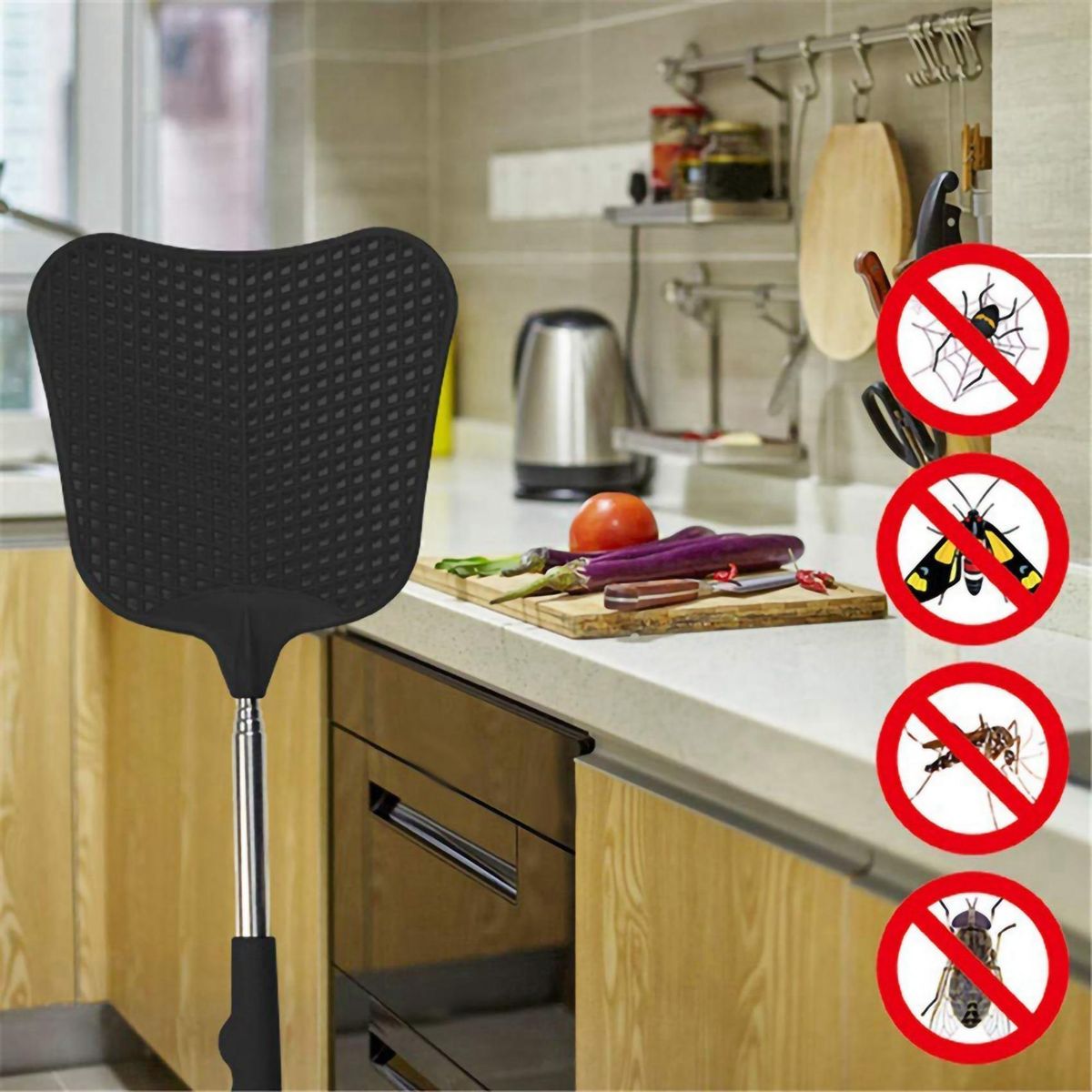 and Fly Killing Plastic Fly Swatter Retractable Stainless Steel Rod Suitable for Indoor and Outdoor Use