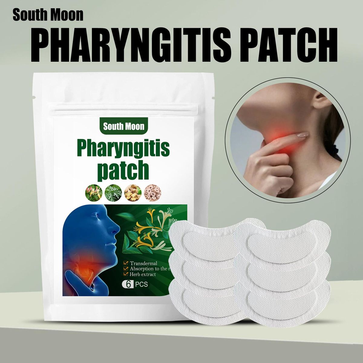 South Moon 6Pcs/Bag Pharyngitis Patches Herbal Extract Transdermal Relieve Pain Cough Hoarseness Dry Itching Promote Health