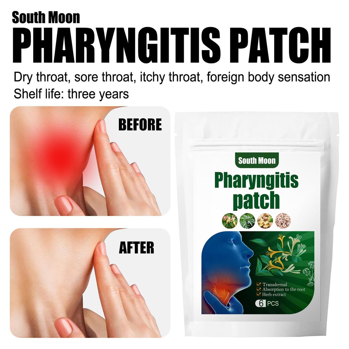South Moon 6Pcs/Bag Pharyngitis Patches Herbal Extract Transdermal Relieve Pain Cough Hoarseness Dry Itching Promote Health