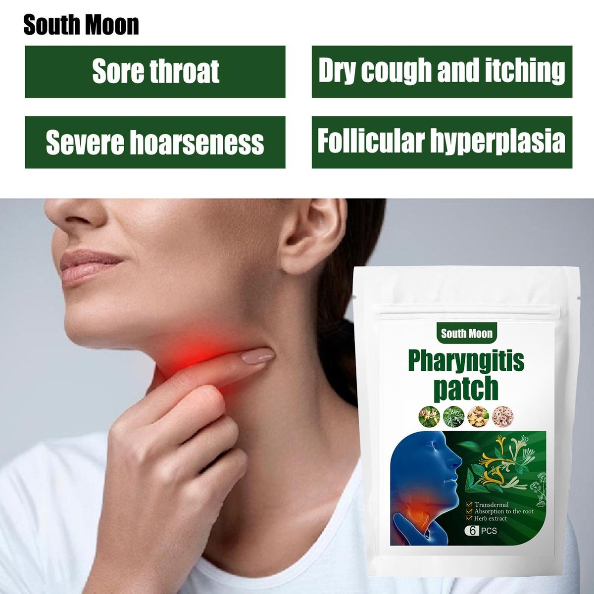 South Moon 6Pcs/Bag Pharyngitis Patches Herbal Extract Transdermal Relieve Pain Cough Hoarseness Dry Itching Promote Health