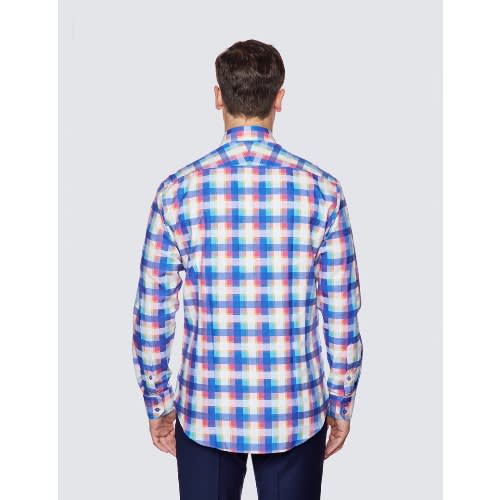 Curtis Blue & Orange Multi Check Relaxed Slim Fit Shirt - Low Collar