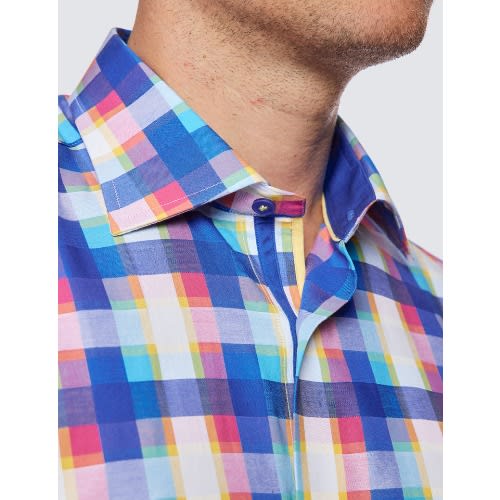 Curtis Blue & Orange Multi Check Relaxed Slim Fit Shirt - Low Collar