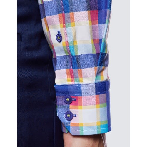 Curtis Blue & Orange Multi Check Relaxed Slim Fit Shirt - Low Collar