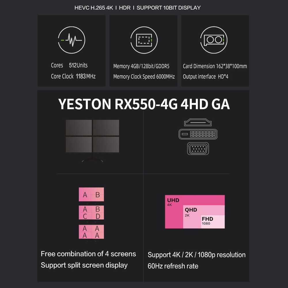 Yeston RX550-4G 4HD GA 4-screen Graphics Card 4GB/128bit/GDDR5 Memory Support Split Screen with 4*HD Output Ports