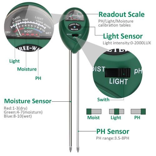 Soil PH Tester 3-in-1 Moisture Sensor Meter Sunlight PH Soil Test Kits Soil PH Tester For Garden Romote Plants Healthy Growth