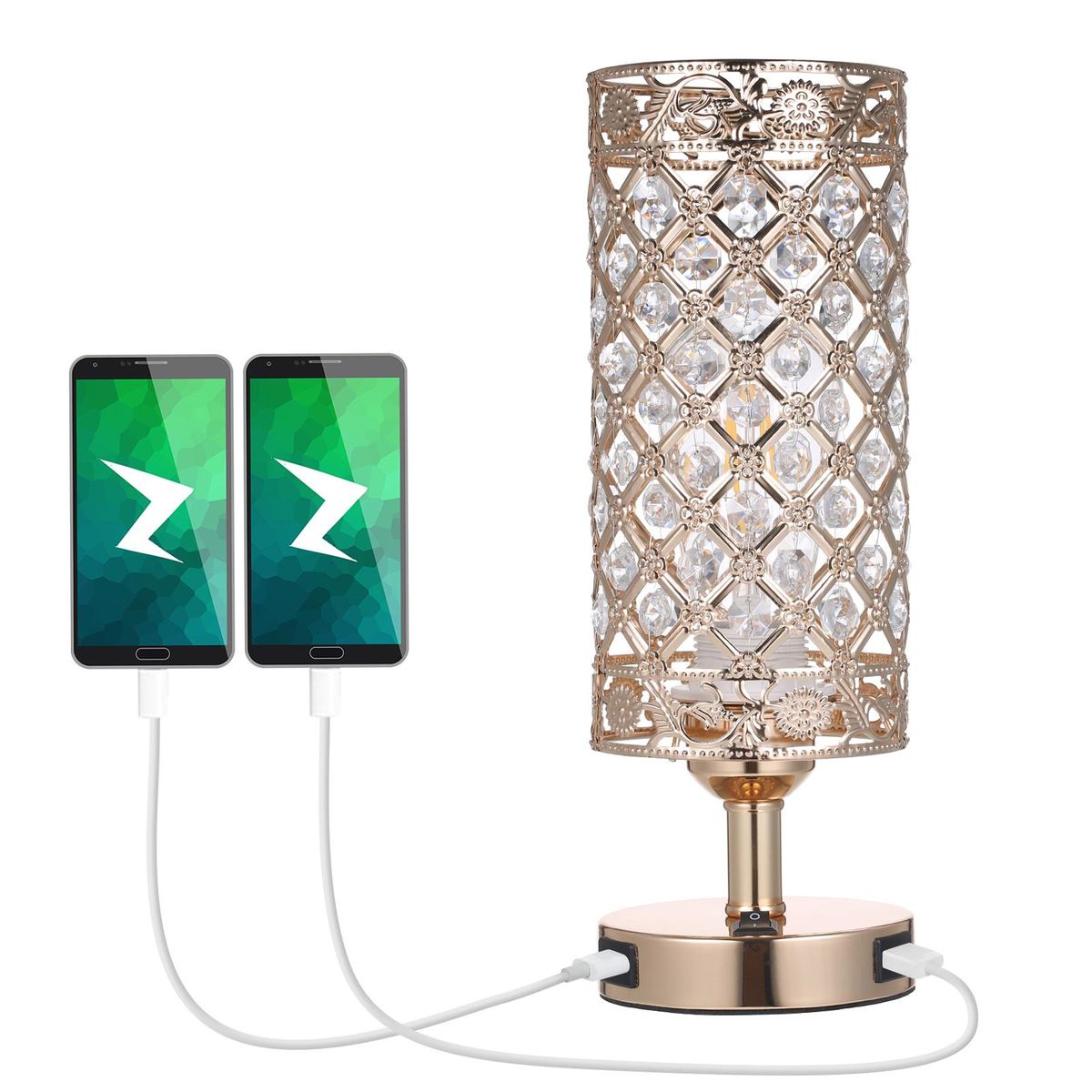 Neoglint Crystal Bedside Table Lamp Decorative Desk Light with Dual USB Charge Ports Modern Nightstand Lamp for Bedroom Living Dining Room Office