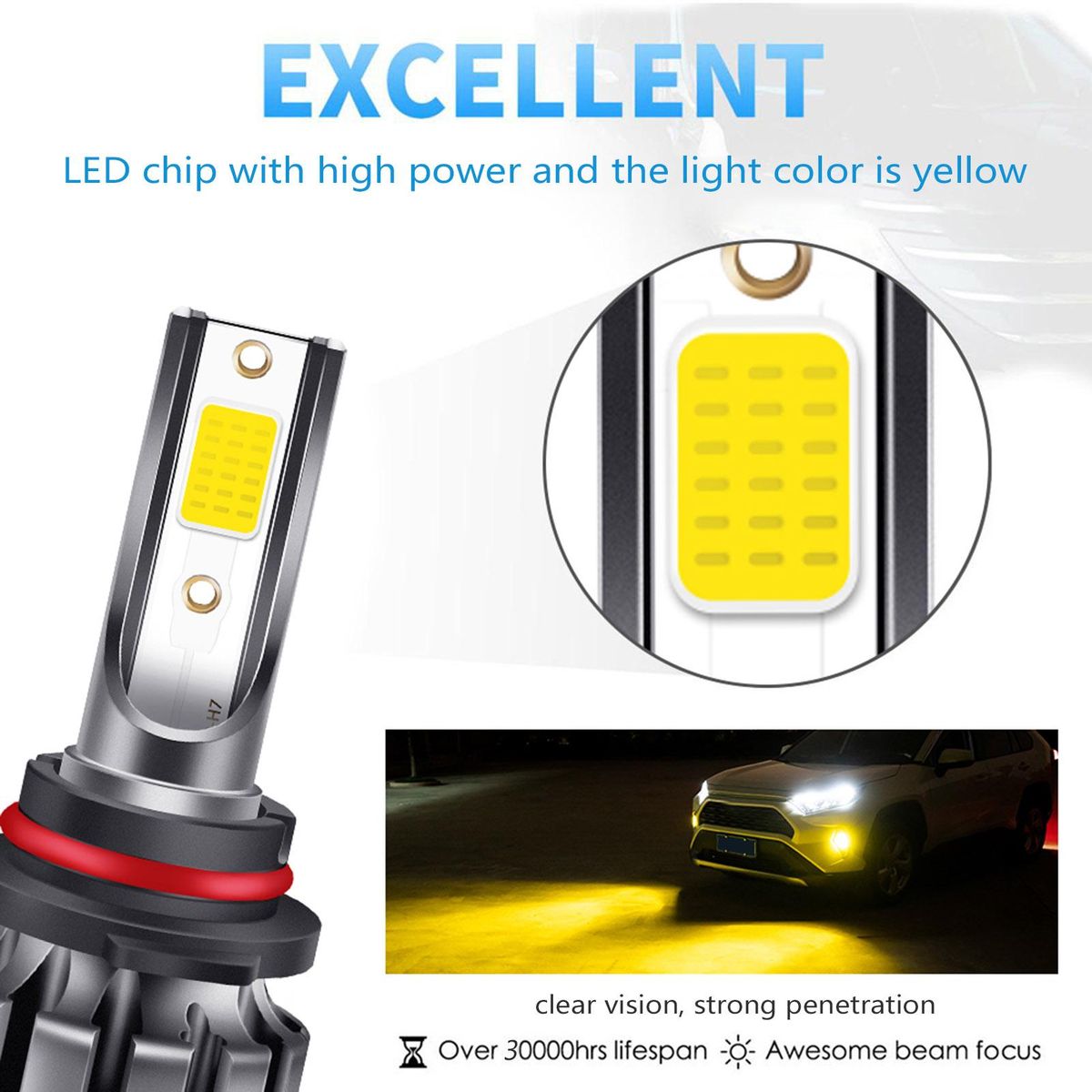 2PCS 9006/HB4 LED Fog Light Bulbs 3000K Yellow 3000 Lumens 30W High Power LED Fog Light DRL Bulbs for Cars Trucks