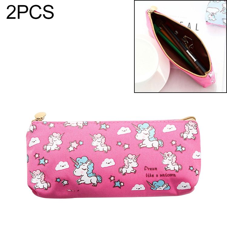 2 PCS Cute Cartoon Animal Unicorn Pattern Pencil Cases Kawaii Canvas School Supplies Stationery Pencil Case Box-Rose Red