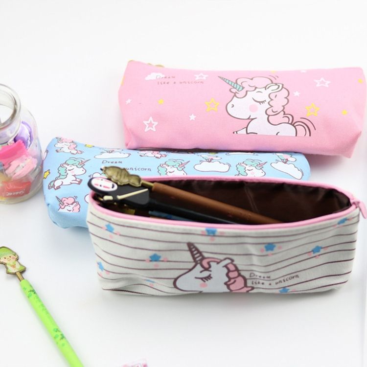 2 PCS Cute Cartoon Animal Unicorn Pattern Pencil Cases Kawaii Canvas School Supplies Stationery Pencil Case Box-Rose Red