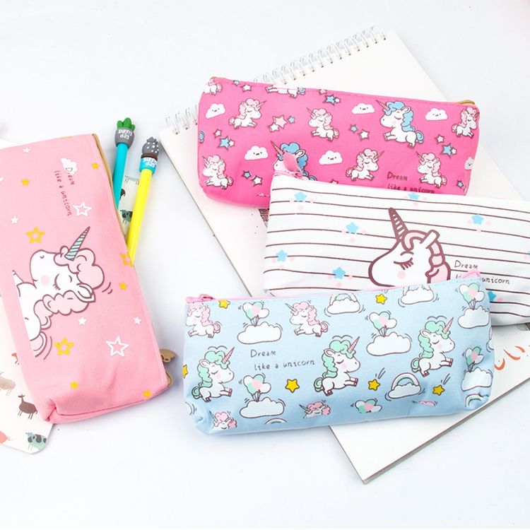 2 PCS Cute Cartoon Animal Unicorn Pattern Pencil Cases Kawaii Canvas School Supplies Stationery Pencil Case Box-Rose Red