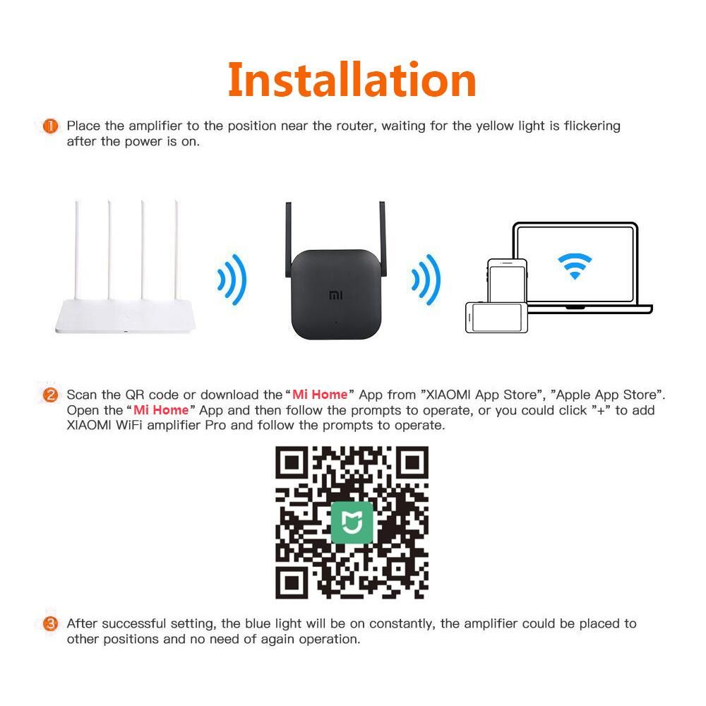 Xiaomi WiFi Amplifier Pro 300Mbps 2.4G Wireless Repeater with 2*2 dBi Antenna Wall Plug WiFi Range Extender Signal Booster for Xiaomi Router