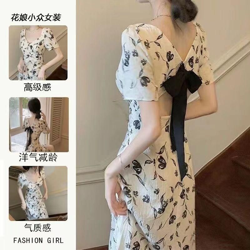 French Style Square Collar Floral Tea Break Dress for Women 2023 Summer New Irregular Slit Lace up Slimming Midi Dress
