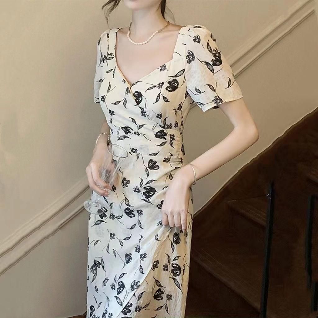 French Style Square Collar Floral Tea Break Dress for Women 2023 Summer New Irregular Slit Lace up Slimming Midi Dress