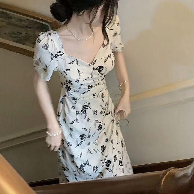 French Style Square Collar Floral Tea Break Dress for Women 2023 Summer New Irregular Slit Lace up Slimming Midi Dress