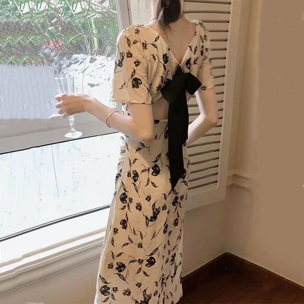French Style Square Collar Floral Tea Break Dress for Women 2023 Summer New Irregular Slit Lace up Slimming Midi Dress