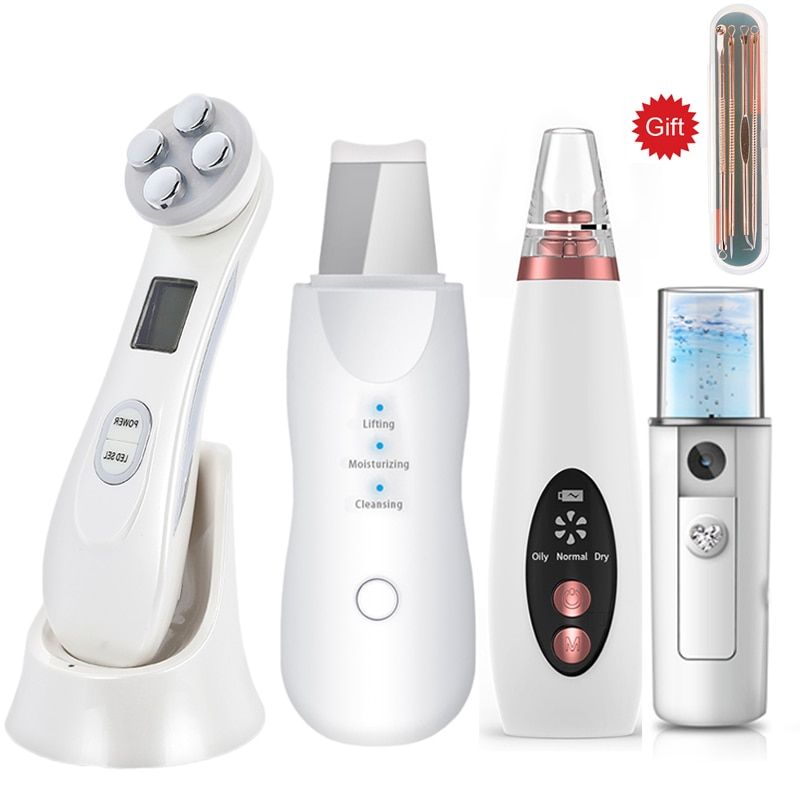 RF EMS LED Mesotherapy Facial Massager+Ultrasonic Skin Scrubber+Blackhead Remover Electric Pore Cleaner+Nano Spray Face Steamer