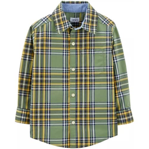 Boys Long Sleeve Plaid Checkered Shirt- Green Yellow