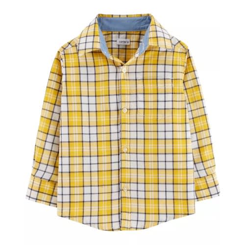 Boys Long Sleeve Plaid Box Checkered Shirt- Yellow And Blue