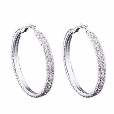 Double Row Rhinestones Round Earrings - Silver