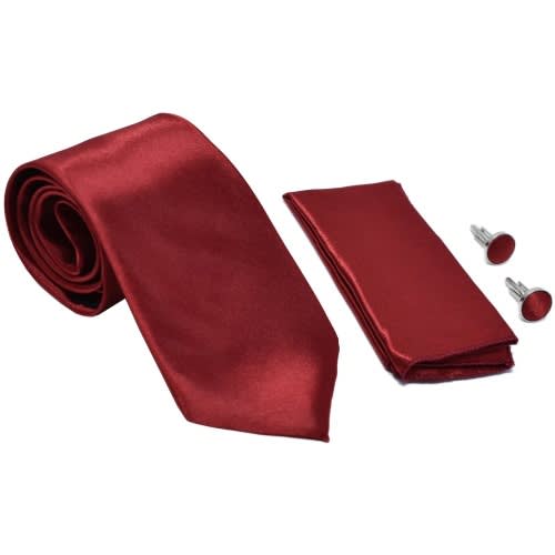 Men's Long Tie With Cufflinks And Pocket Square  - Wine