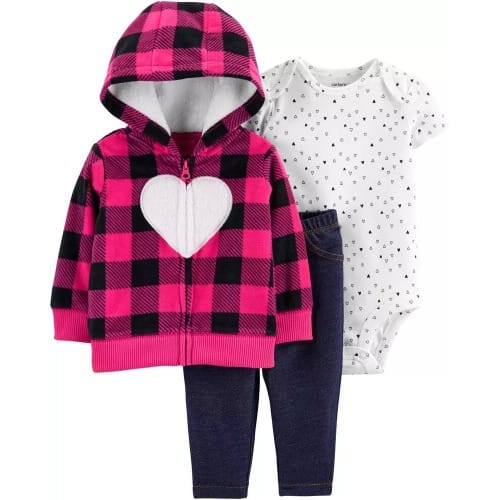 Baby Girl's Extra Soft Box Hooded Jacket - Bodysuit & Pant - 3 In 1 Set - Fuchsia Pink