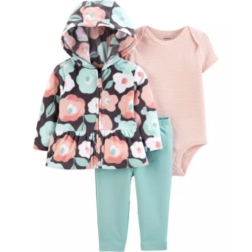 Baby Girl Extra Soft Floral Hooded Jacket, Bodysuit & Pant -aqua Pink
