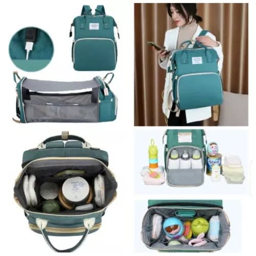 Baby Diaper Bag With Crib Space, Crib Sunshade, Crib Mattress, Usb Charging Port + Cable