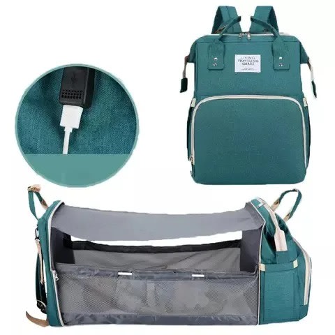 Baby Diaper Bag With Crib Space, Crib Sunshade, Crib Mattress, Usb Charging Port + Cable