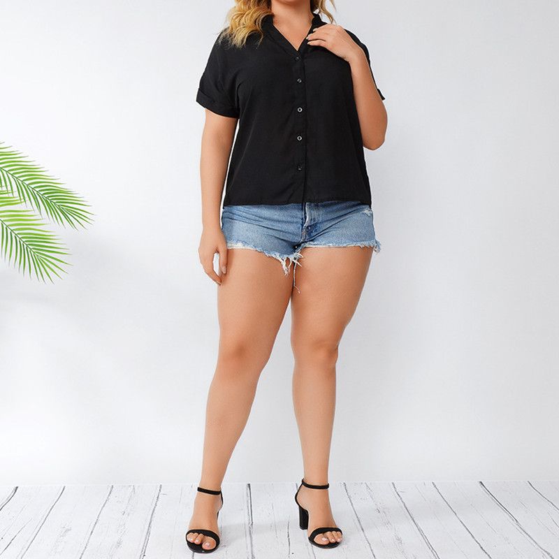 L-4XL OL Style V Neck Short Sleeve Front Button Down Plus Size Blouse Black 2657