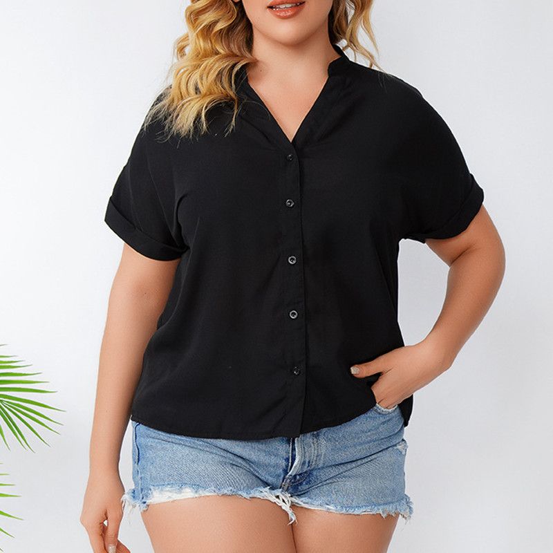 L-4XL OL Style V Neck Short Sleeve Front Button Down Plus Size Blouse Black 2657