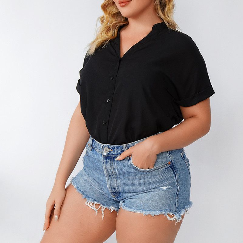 L-4XL OL Style V Neck Short Sleeve Front Button Down Plus Size Blouse Black 2657