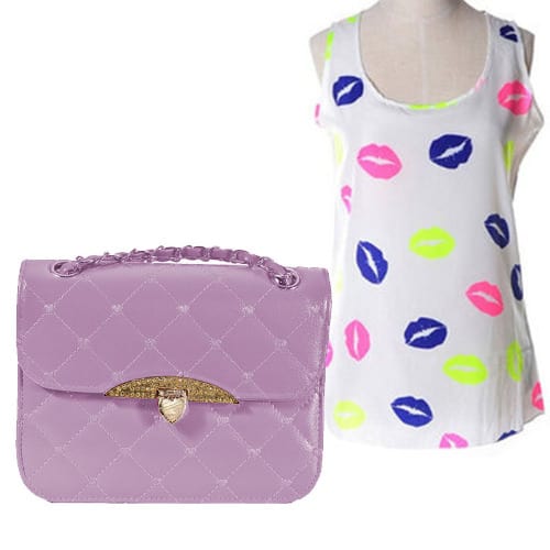 Sleeveless Lips Print Chiffon Camisole Top + Quilted Handbag - Purple