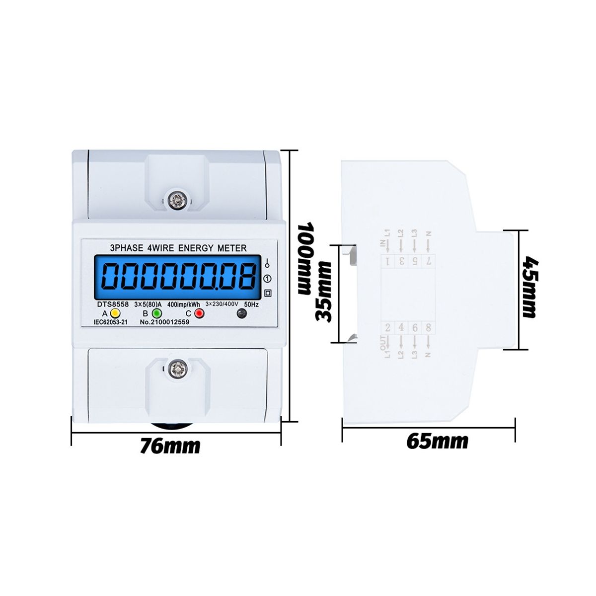 DTS8558 Din Rail 3 Phase 4 Wire Electric KiloWatthour Power Consumption Energy Meter Wattmeter KWh 580A 50Hz LCD