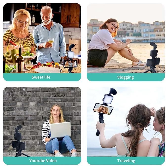 Portable Photography Lighting Smartphone Video Kit Microphone LED Selfie Tripod Recording Handle Stand