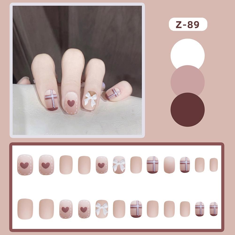 False Nail Cute Heart & Bow Short Stick On Nails Full Cover