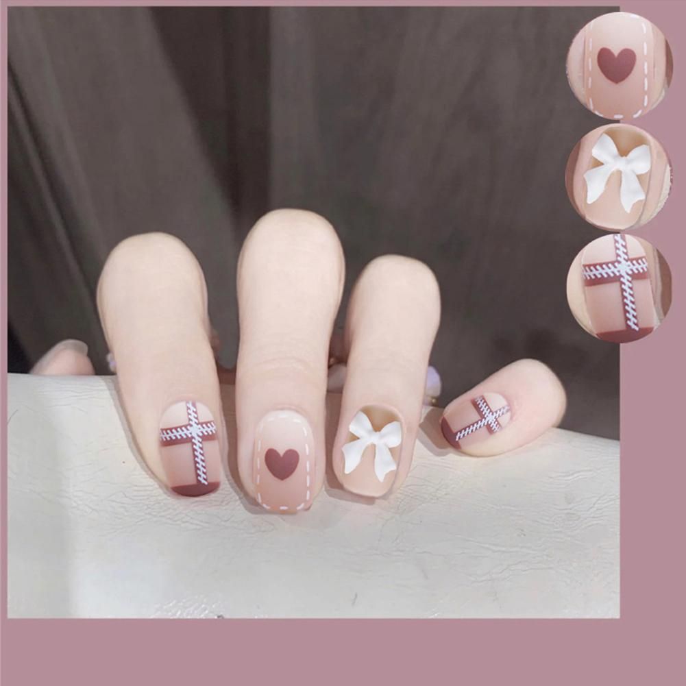 False Nail Cute Heart & Bow Short Stick On Nails Full Cover