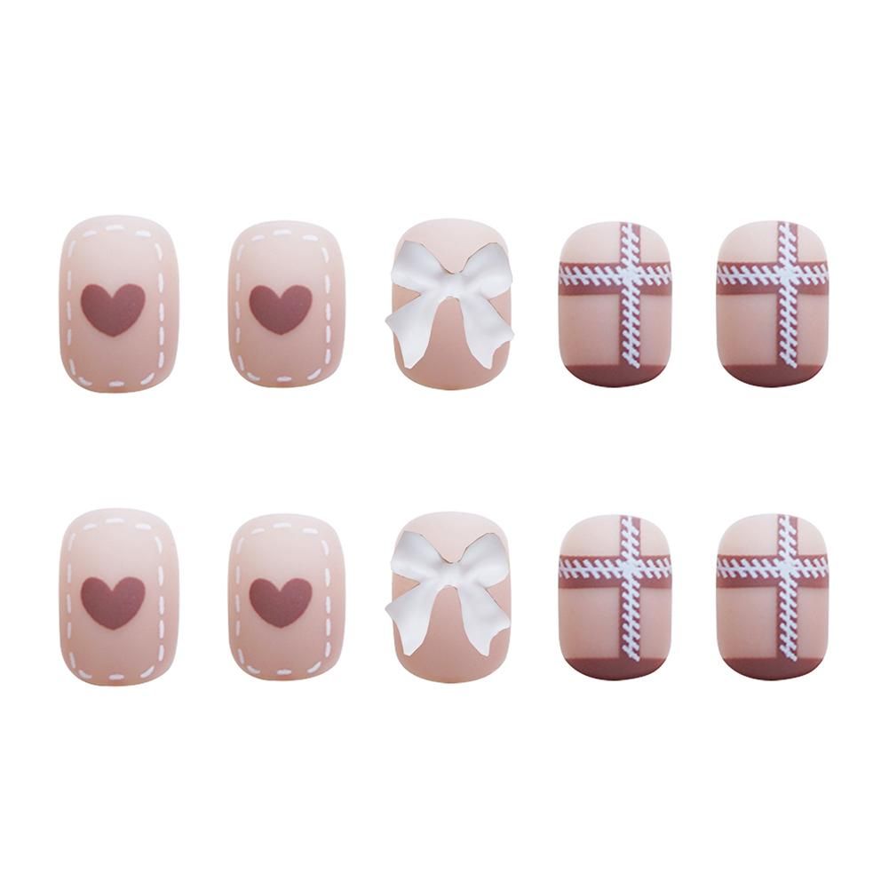 False Nail Cute Heart & Bow Short Stick On Nails Full Cover