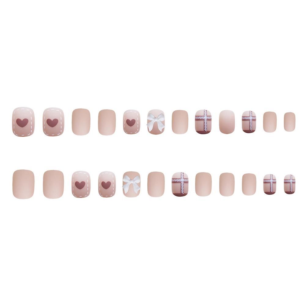 False Nail Cute Heart & Bow Short Stick On Nails Full Cover