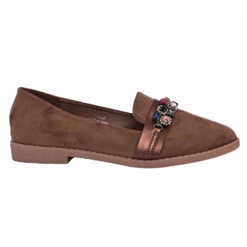 Ladies Suede Flat Loafers - Khaki