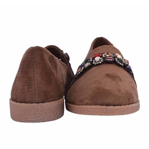 Ladies Suede Flat Loafers - Khaki
