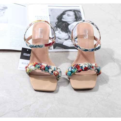 Floral Block Heel Sandals- Beige