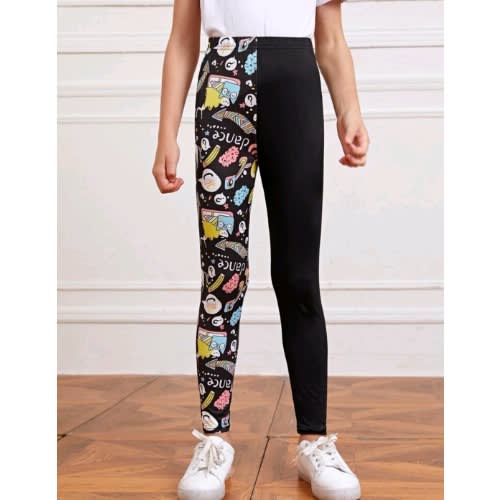 Girls Teens Colour Block Cartoon Graphic Leggings- Multicolour