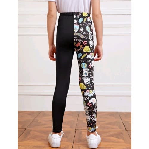 Girls Teens Colour Block Cartoon Graphic Leggings- Multicolour