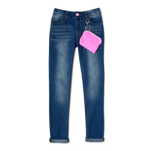 Girls Stretch Cuff Skinny Jeans With Pink Keychain Bag- Blue Wash