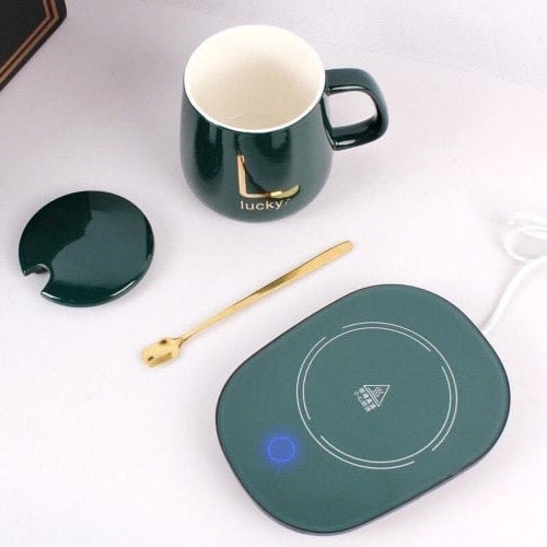 Insulated Ceramic Coffee Mug With Heating Pad - Cover & Teaspoon - 16W - Green