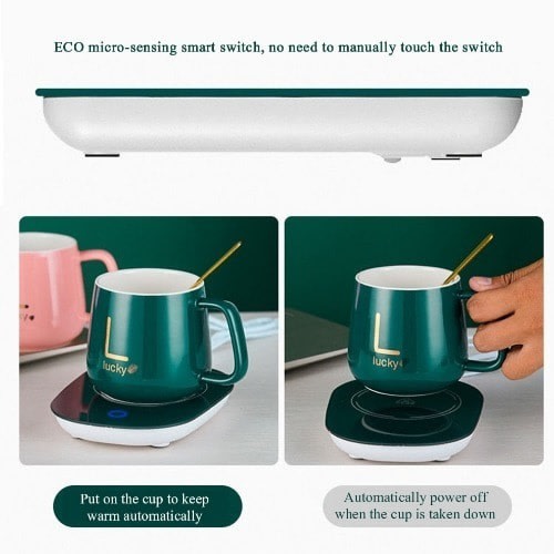 Insulated Ceramic Coffee Mug With Heating Pad - Cover & Teaspoon - 16W - Green