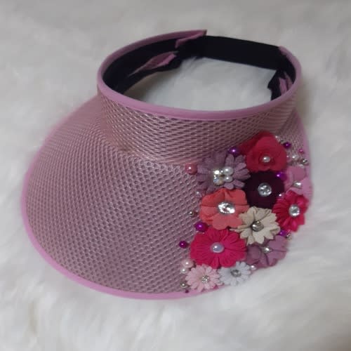 Pearl Flowery Visor Hat - Free Size - Pink