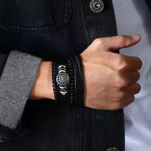 Multi-layers Vintage Hollow Triangle Leather Bracelet-Black -4Pieces