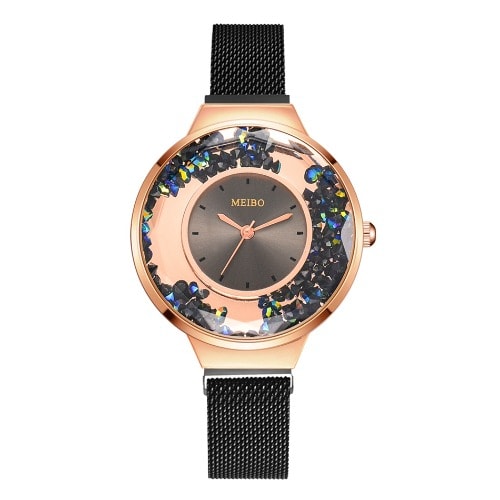 Elegant Rhinestone Magnetic Closure Watch - Black